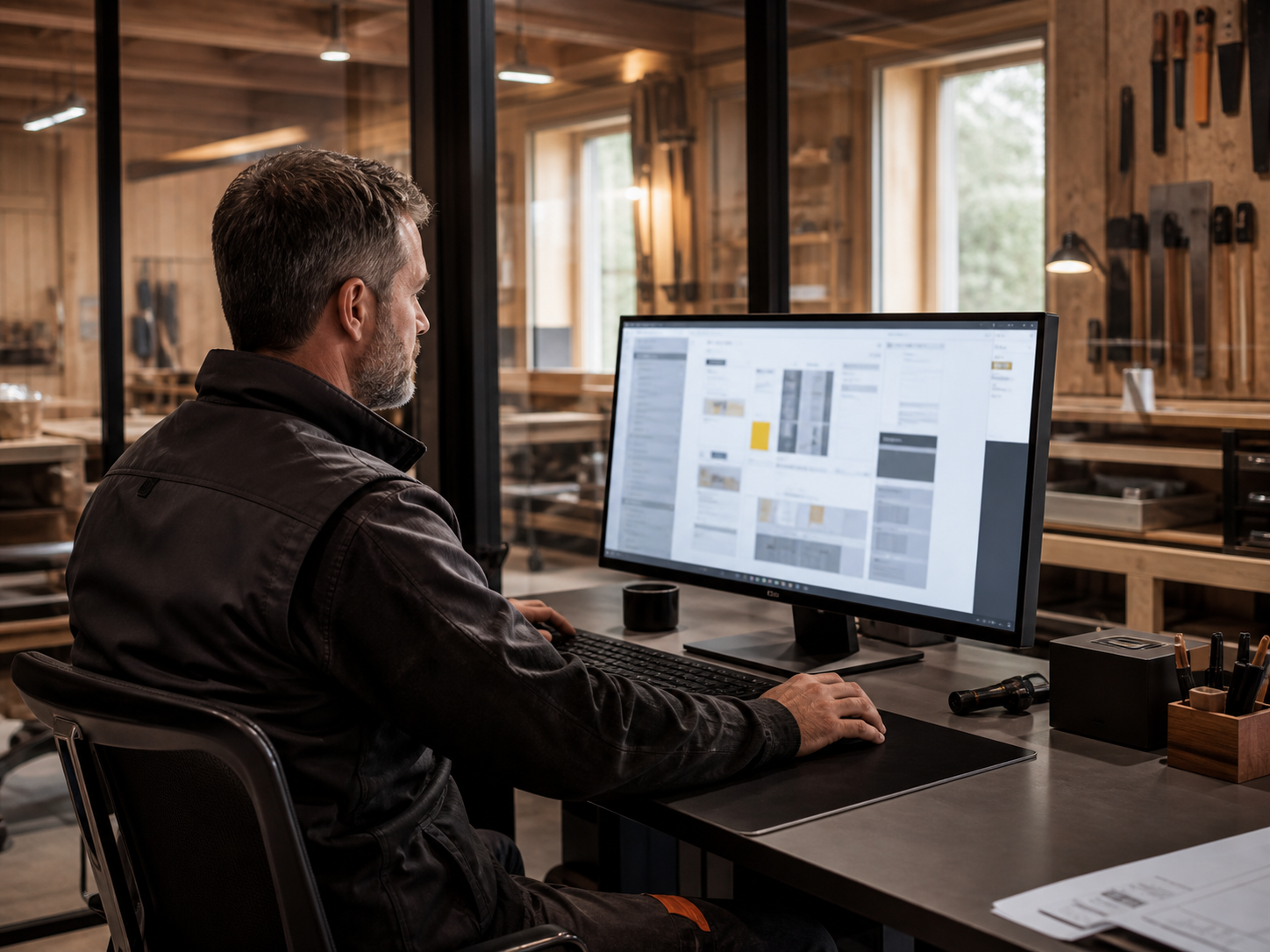Ein Zimmermann arbeitet am Bildschirm in einem modernen Büro innerhalb seiner Werkstatt